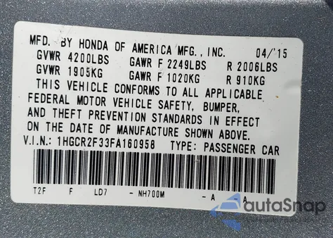2015 Honda Accord Lx z USA, uszkodzony, nr VIN 1HGCR2F33FA160958